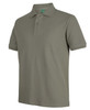 A men's short-sleeve polo shirt in olive green, featuring a collar, buttons, and a logo.