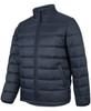 A navy puffer jacket with a zip front and long sleeves, featuring vertical quilted detailing and a logo.