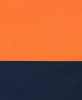 A long-sleeve shirt featuring bright orange and navy blue fabric, designed for safety wear with a logo present.