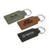 Three key rings in green and brown, featuring different shapes and a logo on each, arranged together.