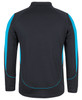 A black long-sleeve polo shirt featuring blue accents and a logo on the back.
