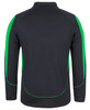 A long-sleeve polo shirt in black with green accents, featuring a back view and a logo on the collar.