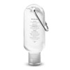 A clear carabiner hand sanitiser bottle, 55ml, featuring a silver clip and a flip-top cap.