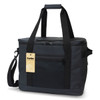 A black cooler bag with sturdy handles and a shoulder strap, featuring a front pocket and a brand logo.