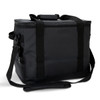 A black cooler bag with sturdy handles and a removable shoulder strap, featuring a logo on the front.