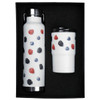 A drink bottle and tumbler gift set with a white background featuring red and blue berry patterns, presented in a black box.