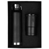 A drink bottle and tumbler set in black, presented in a black gift box with a textured interior.