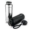 A drink bottle set featuring a shiny silver bottle, a matte black bottle, and a black screw-on lid with a strap.