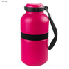 A drink bottle in hot pink with a black strap and a handle, featuring a sleek design and a logo.