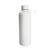 A drink bottle featuring a sleek, cylindrical design in white, with a black lid and strap, and a logo.