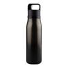 A drink bottle in sleek black with a secure lid and a handle, featuring a simple logo on the side.