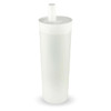 A drink bottle in a sleek white design, featuring a removable lid with a spout and a simple logo.