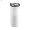 A drink bottle in white featuring a textured grip and a transparent lid. It includes a logo on the side.