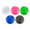 A set of five plastic button magnets in clear, pink, green, blue, and black colours. Each has a circular shape.