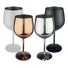 Four Bella stainless steel wine glasses in silver, rose gold, black, and white, with a polished finish and sleek design.