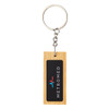 A rectangular bamboo keyring featuring a black insert with a logo. The keyring has a silver metal ring attachment.