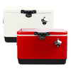 A red and white metal ice cooler box, featuring a black base and a locking mechanism. It has a logo on the front.