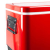 A red metal ice cooler box with a handle, featuring a shiny finish and a white stripe.