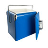 A blue retro metal ice cooler box with a silver handle and lid, featuring a white interior.