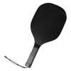 A black pickleball paddle with a textured handle and wrist strap. Suitable for leisure and outdoor sports.