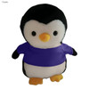A plush penguin toy with a black and white body, orange beak, and wearing a purple shirt.