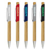 A set of five French bamboo pens in silver, red, blue, and black, featuring a logo on each pen.