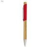 A bamboo pen featuring a red grip and silver accents, complete with a clip. It has a logo on the surface.