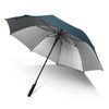 A teal umbrella with a black handle, featuring an internal silver lining and a minimalist design.