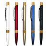 A collection of five metal pens in white, red, gold, blue, and black, featuring bamboo accents and a logo.