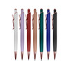 A collection of metal pens in white, lavender, blush, red, green, blue, and black with rose gold accents.