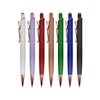 A collection of eight metal pens in various colours: white, lavender, red, bronze, green, blue, black, and a rose gold clip.