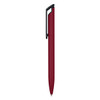 A metal pen in a deep red colour with a black clip and a shiny finish, featuring a logo.