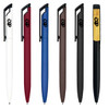 A collection of Canberra metal pens in white, red, blue, brown, black, and bamboo design, featuring a logo on each.
