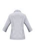A light grey women's button-up shirt with 3/4 sleeves and a collar, featuring button details on the cuffs and a back seam.