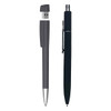 A grey USB pen and a black ballpoint pen, both with a sleek design and featuring branding.