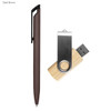 A dark brown pen and a wooden USB drive. The USB has a metal swivel cover. Both items feature branding.