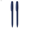A set of two blue plastic pens with a smooth design and a branding logo.