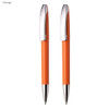 An orange plastic pen set featuring chrome accents, with two pens displayed side by side.