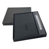 A black notebook with a pocket and a matching pen, packaged in a black gift box.