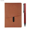A brown notebook with a pocket and a red pen beside it, featuring a sleek design and a branding logo.