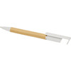 A bamboo pen with a white clip, featuring a minimalist design and a logo on the clip.