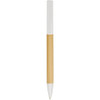 A pen with a bamboo body and white accents, featuring a logo on the surface.