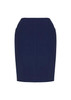 A navy pencil skirt with a fitted design and front pockets, featuring a flat waistband.