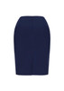 A navy blue women's pencil skirt with a fitted design and a back zip closure. It has a sleek, bandless silhouette.