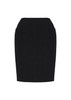 A black pencil skirt with a bandless design and two pockets at the front. It features a fitted silhouette.