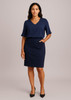 A navy bandless pencil skirt paired with a matching top, featuring a pocket and a subtle logo.