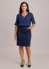 A navy pencil skirt with a fitted design and pockets, paired with a matching top. Features a brand logo.