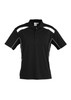 A black short sleeve polo shirt featuring white accents and a logo on the chest.