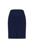 A navy straight skirt featuring front pleat detail and a back zip closure, with a simple design and silhouette.