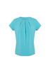 A light blue short sleeve top with pleat detailing and a round neckline. It features a logo on the design.